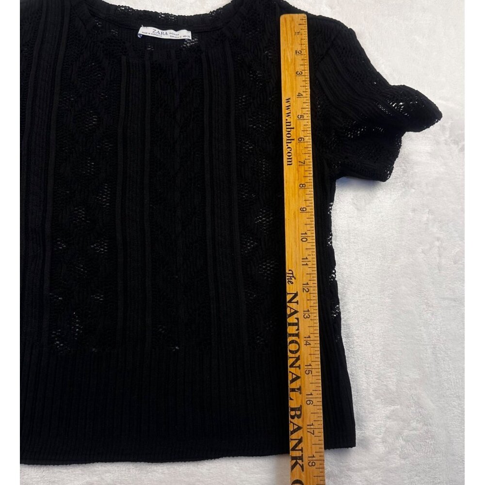 Zara Black Lace Knit Short-Sleeve Womens Top Size S Ribbed Hem Elegant Design - Picture 9 of 16